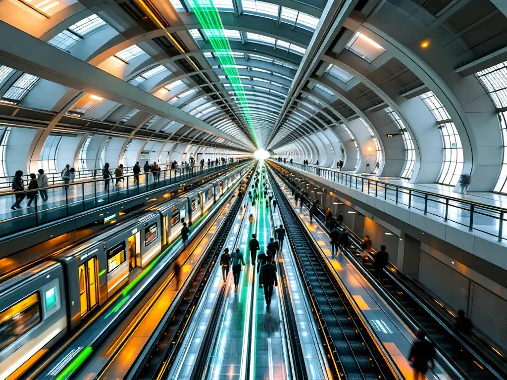 Ilustração gerada por IA: estação de metropolitano abobadada com composições e passageiros, traço verde no teto