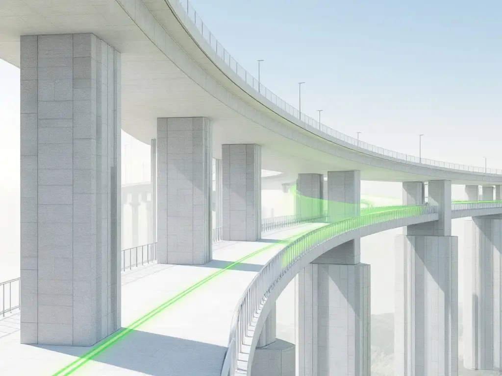 Ilustração gerada por IA: viaduto curvo em betão, com uma fibra ótica representada a verde ao longo do tabuleiro