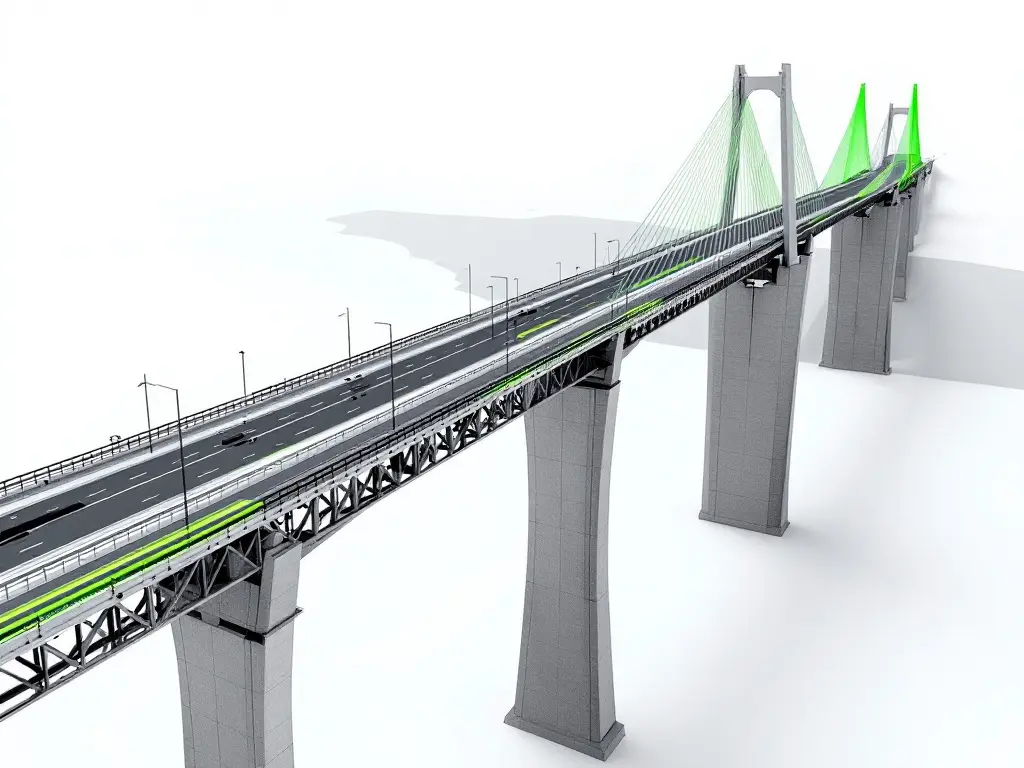 Ilustração gerada por IA: ponte atirantada de autoestrada, tirantes e tabuleiro realçados a verde