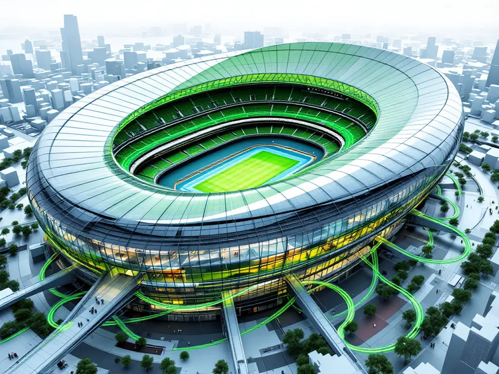 Ilustração gerada por IA: estádio visto do céu, rodeado por uma rede de fibra ótica representada a verde