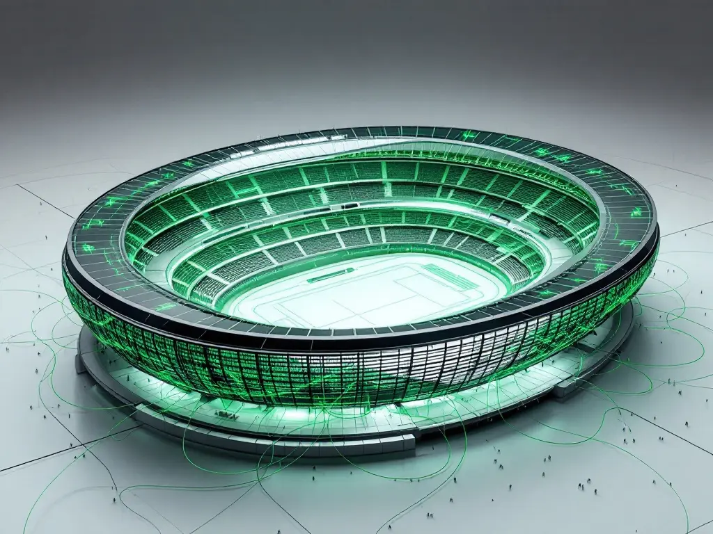 Ilustração gerada por IA: modelo em malha de arame de um estádio percorrido por linhas verdes, evocando o seu gémeo digital