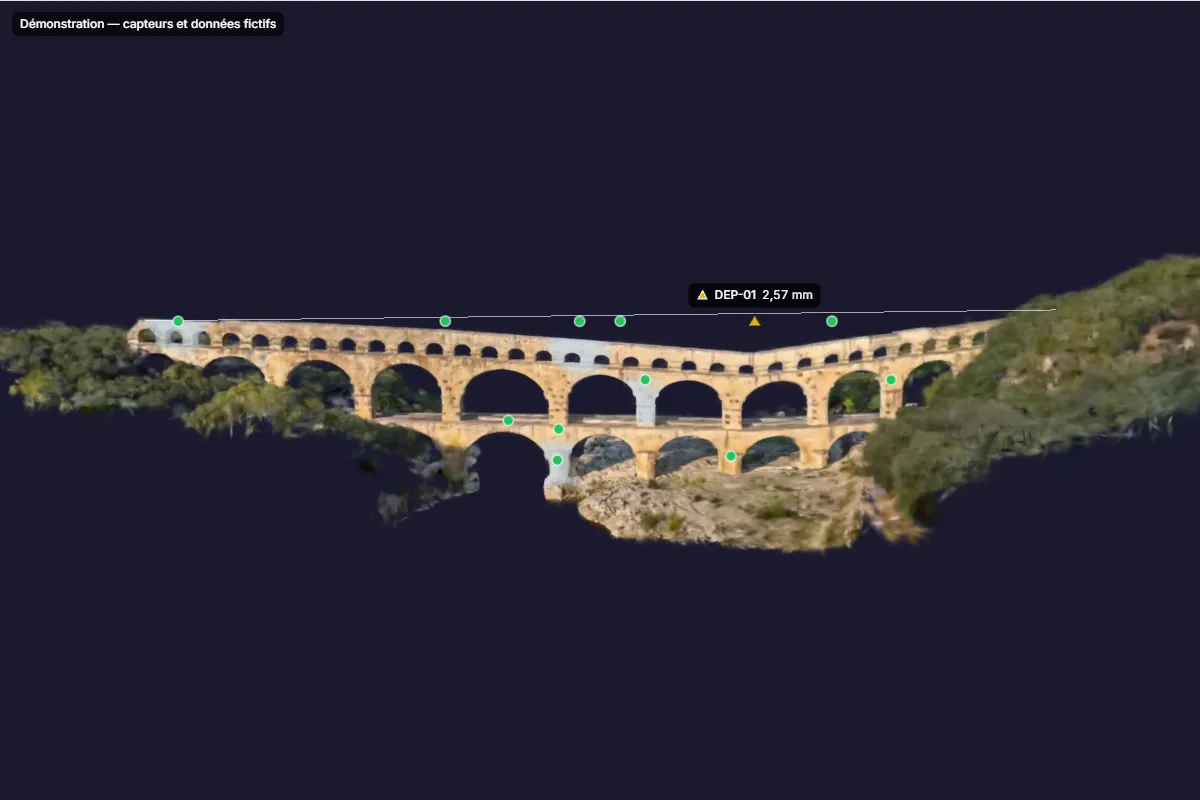 Captura de ecrã do visualizador 3D SensyTwin (interface em francês): o Pont du Gard de frente, com a sua deformada amplificada 5000 vezes segundo o assentamento medido pelo sensor de deslocamento fictício DEP-01, sob o traço do eixo em repouso