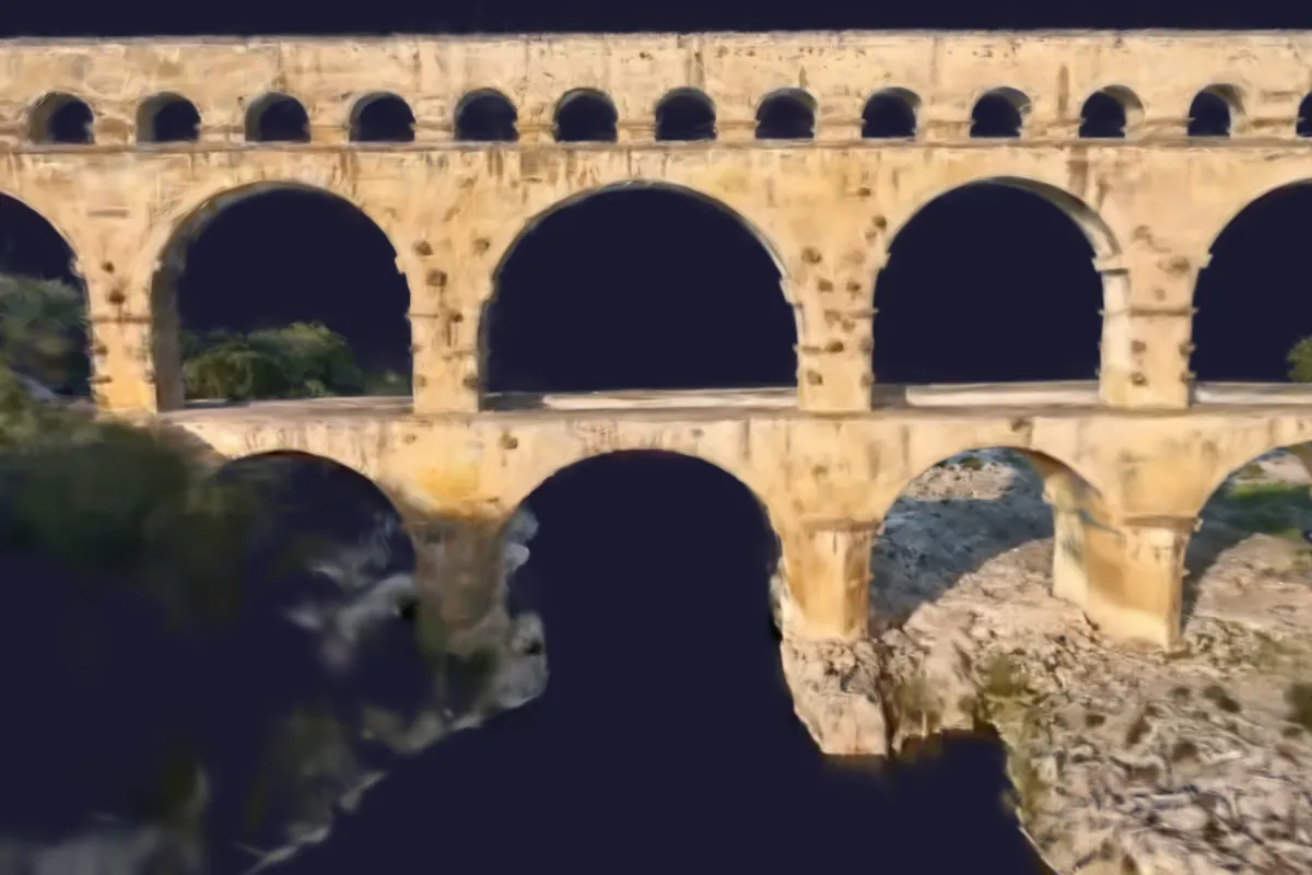Captura de ecrã do visualizador 3D SensyTwin (interface em francês): grande plano dos arcos do Pont du Gard, renderizado em Gaussian Splatting